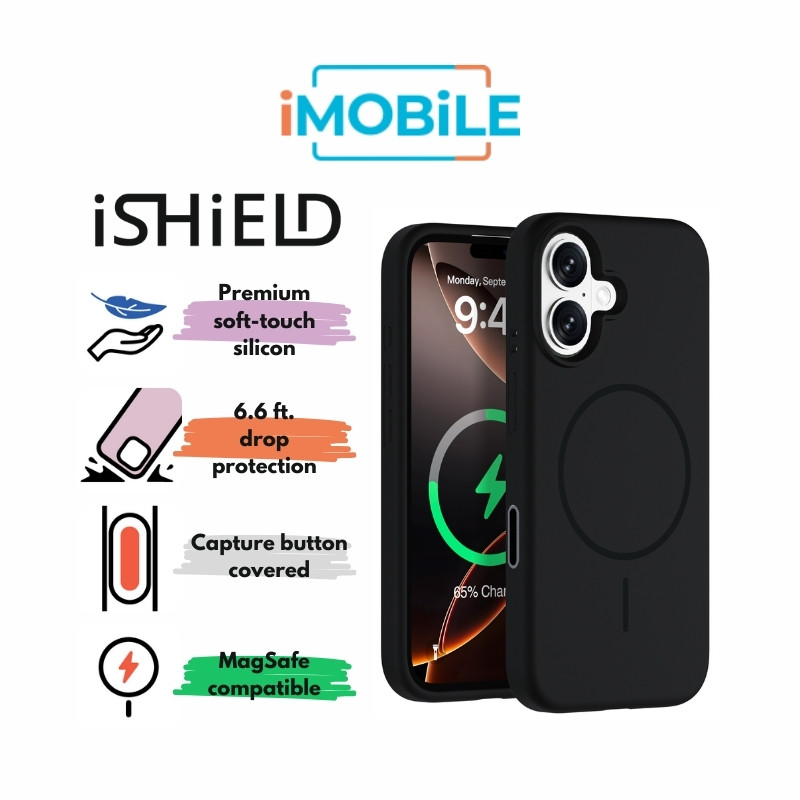 iShield [Ultra MagSafe] Liquid Silicon Snap Case with Capture Button, iPhone 16 Plus [Black]