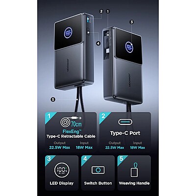 JoyRoom JR-PR1 22.5 with Built-in Retractable Cable Power Bank [1 Port + USB-C Cable]