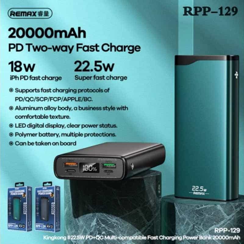 Remax 22.5W Aluminum Alloy Power Bank PD + QC [RPP-129] [20,000 mAh] [3 Ports]