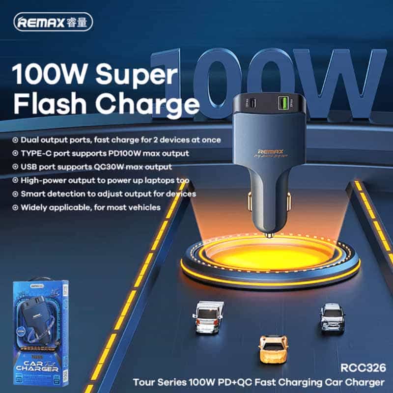 Remax [RCC-326] 100W QC + PD Car Charger [1 USB + 1 Type-C]