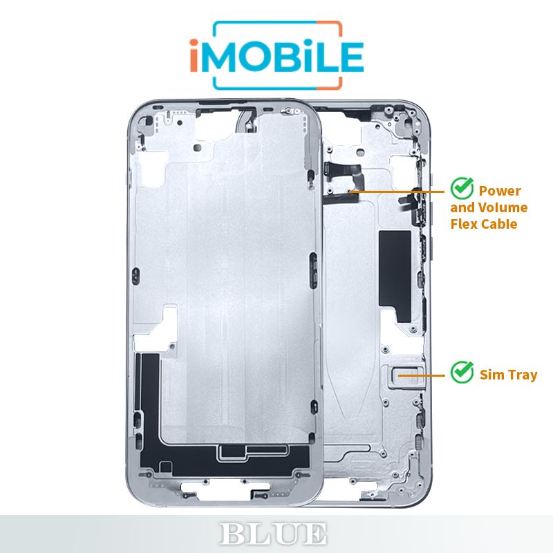 iPhone 15 Plus Compatible Back Housing [with Power and Volume Flex] [A+] [Blue]