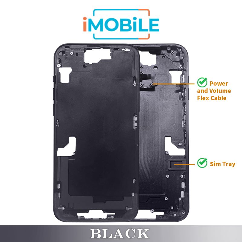 iPhone 15 Plus Compatible Back Housing [with Power and Volume Flex] [A+] [Black]