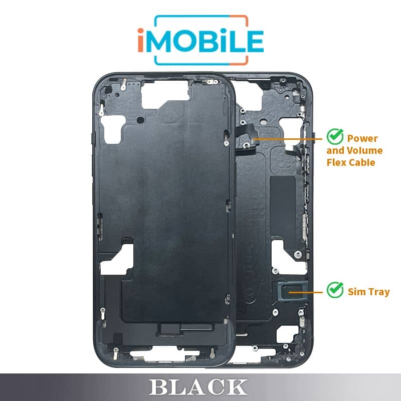 iPhone 15 Compatible Back Housing [with Power and Volume Flex] [A+] [Black]