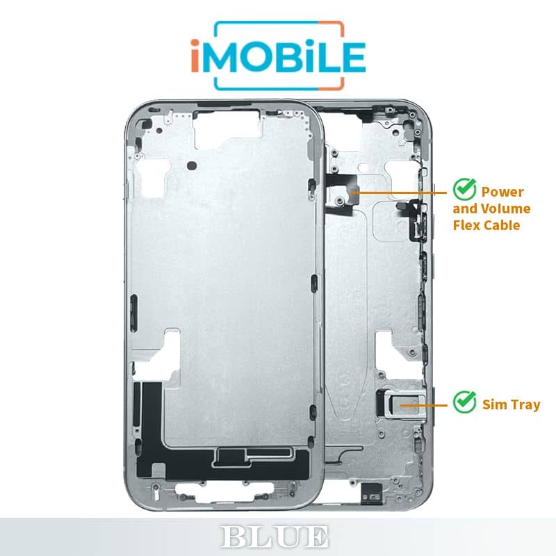 iPhone 15 Compatible Back Housing [with Power and Volume Flex] [A+] [Blue]