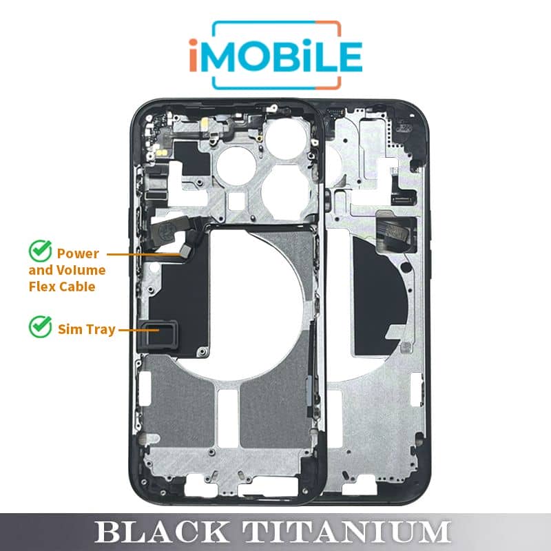 iPhone 15 Pro Compatible Back Housing [with Power and Volume Flex] [A+] [Black Titanium]