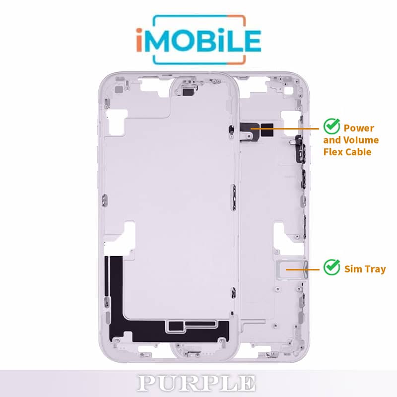 iPhone 14 Plus Compatible Back Housing [with Power and Volume Flex] [A+] [Purple]
