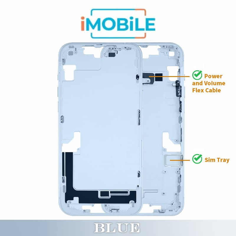 iPhone 14 Plus Compatible Back Housing [with Power and Volume Flex] [A+][Blue]