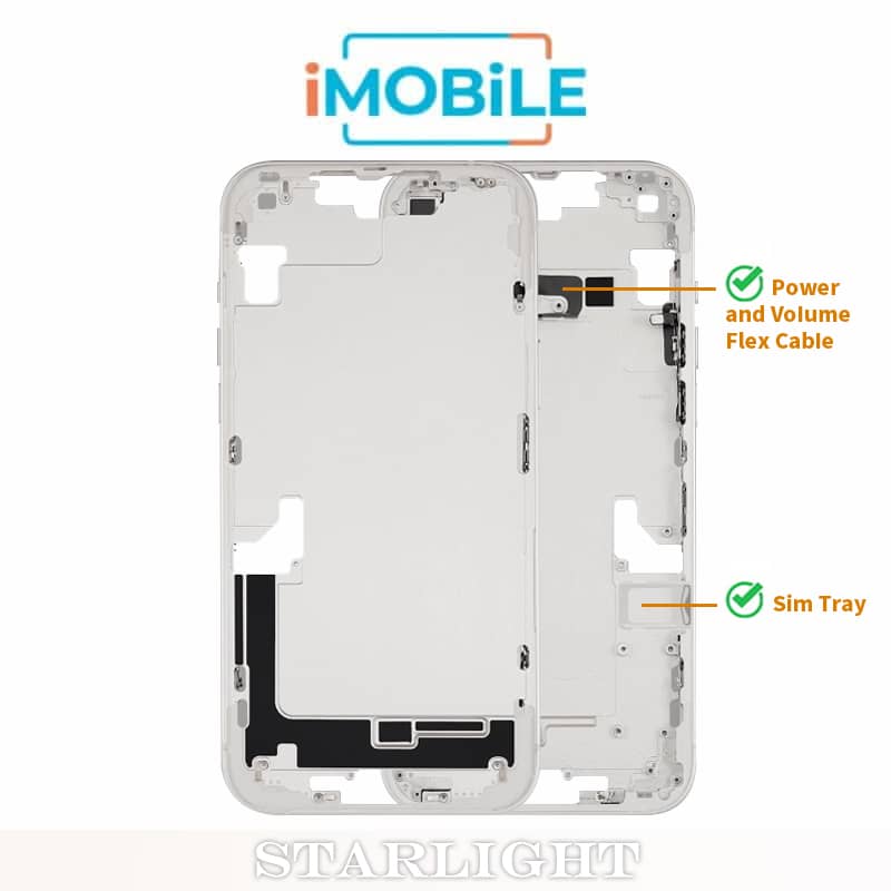 iPhone 14 Plus Compatible Back Housing [with Power and Volume Flex] [A+] [Starlight]