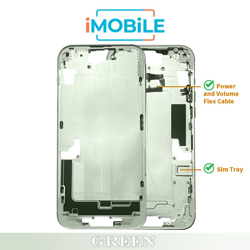 iPhone 15 Plus Compatible Back Housing [with Power and Volume Flex] [A+] [Green]