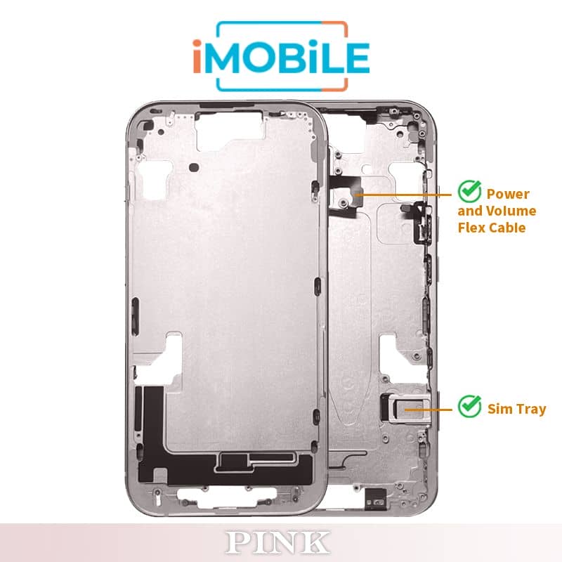 iPhone 15 Compatible Back Housing [with Power and Volume Flex] [A+] [Pink]