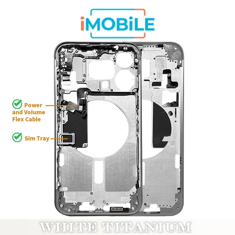 iPhone 15 Pro Max Compatible Back Housing [with Power and Volume Flex] [A+] [White Titanium]