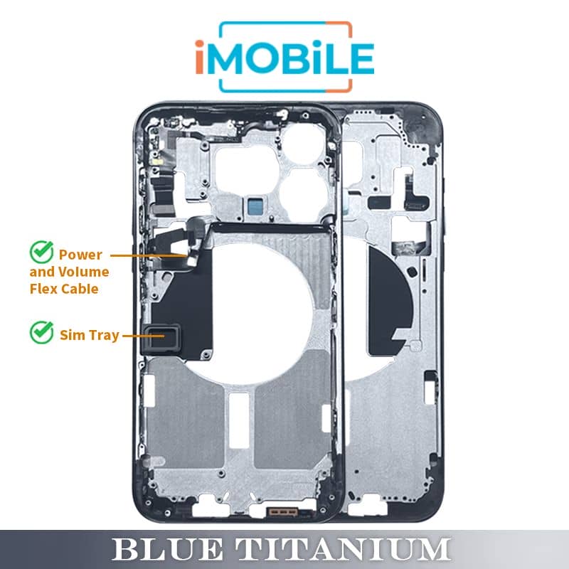 iPhone 15 Pro Max Compatible Back Housing [with Power and Volume Flex] [A+] [Blue Titanium]