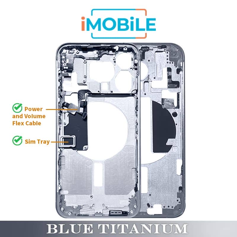 iPhone 15 Pro Compatible Back Housing [with Power and Volume Flex] [A+] [Blue Titanium]