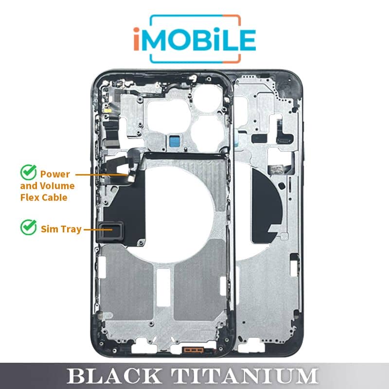 iPhone 15 Pro Max Compatible Back Housing [with Power and Volume Flex] [A+] [Black Titanium]