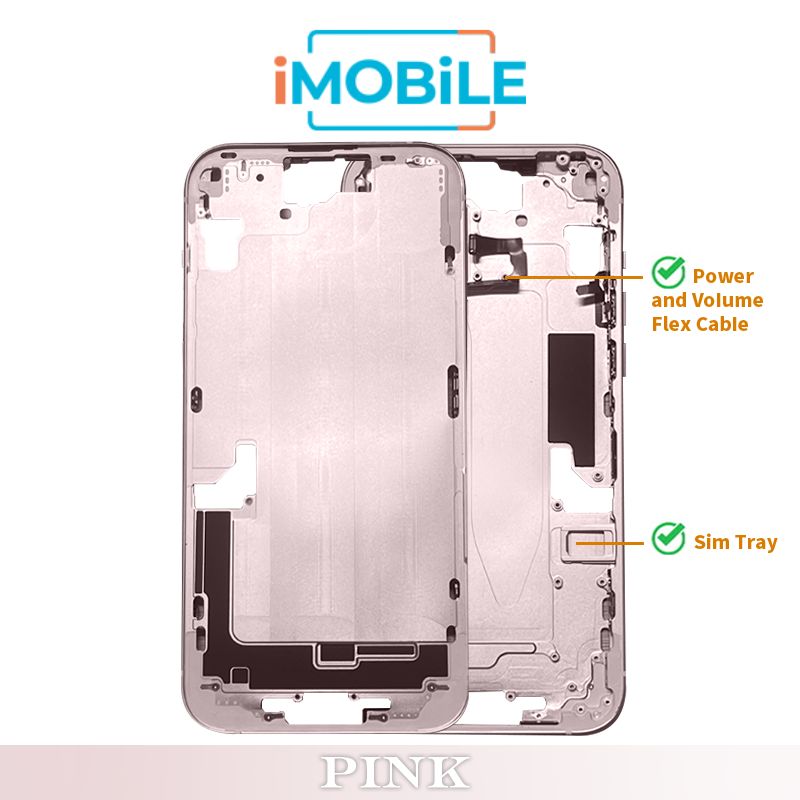 iPhone 15 Plus Compatible Back Housing [with Power and Volume Flex] [A+] [Pink]