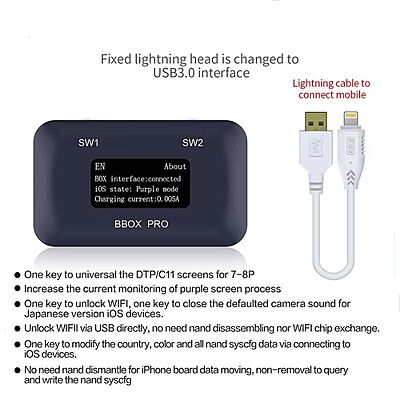 JCID BBOX Pro DFU Box WindowDCsD Cable IOs A7-A11 One KevPurple Mode IPhone IPad ModifyNAND Syscfg Data Read Write JCID BBOX Pro DFU Box WindowDCsD Cable IOs A7-A11 One KevPurple Mode IPhone IPad ModifyNAND Syscfg Data Read Write