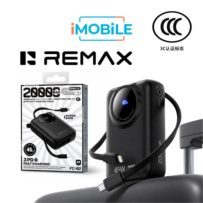 Remax FC-02 45W Power Bank [20K mAh] [2 Ports + Lightning & USB-C Cables]
