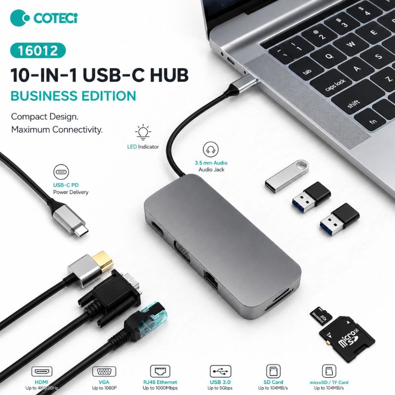 COTECi 16012 USB-C Ten-in-One USB HUB [USB-C to 10 Ports, SD/USB-A/USB-C/HDMI]