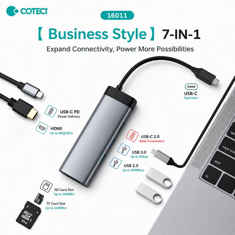 COTECi 16011 USB-C Seven-in-One USB HUB [USB-C to 7 Ports, SD/USB-A/USB-C/HDMI]