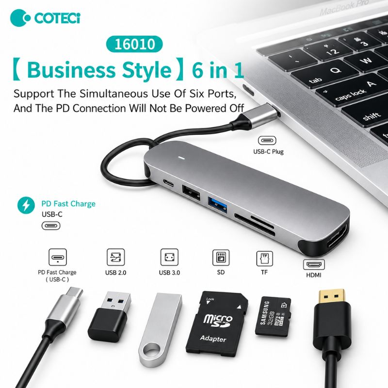 COTECi 16010 USB-C Six-in-One USB HUB [USB-C to 6 Ports, SD/USB-A/USB-C/HDMI]