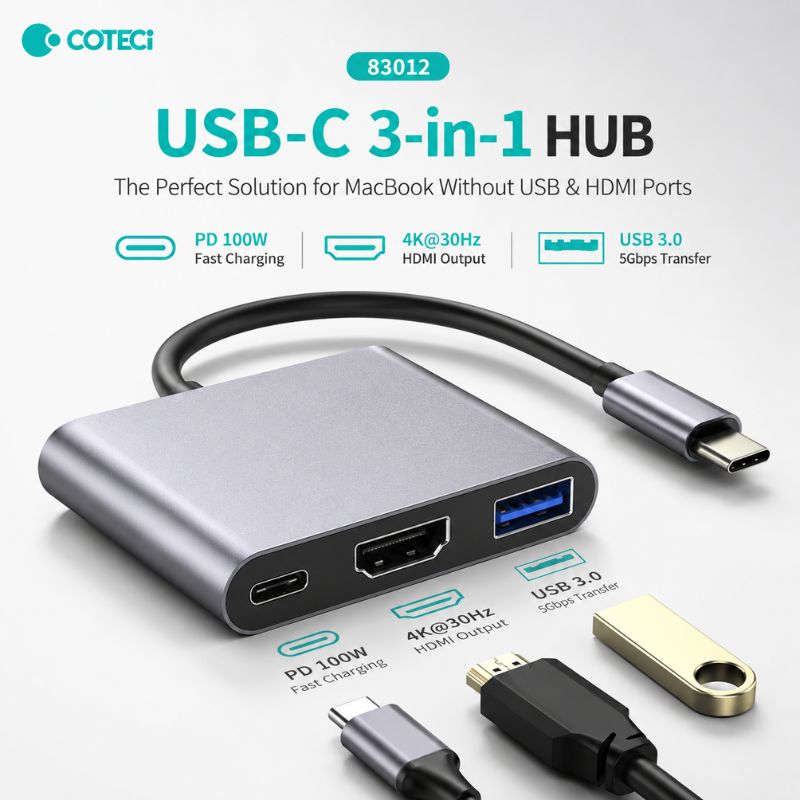 COTECi 83012 USB-C Three-in-One USB HUB [USB-C to 3 Ports, USB-A/USB-C/HDMI]