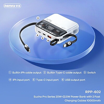 REMAX Sucha Pro Series 22.5W Power Bank [RPP-602] [10K mAh] [2 Ports + Lightning & Type-C Cables]