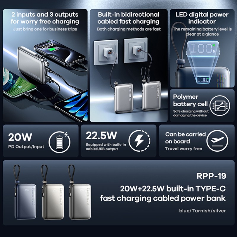REMAX With-Cable Series 22.5W Power Bank [RPP-19] [10K mAh] [2 Ports +Type-C Cable]