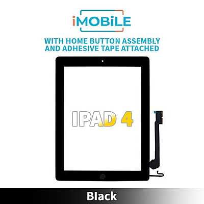 iPad 4 (9.7 Inch) Compatible Digitizer Screen With Home Button Assembly and Adhesive Tape Attached [Black] [Include Adhesive]
