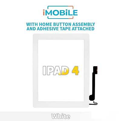 iPad 4 (9.7 Inch) Compatible Digitizer Screen With Home Button Assembly and Adhesive Tape Attached [White] [Include Adhesive]