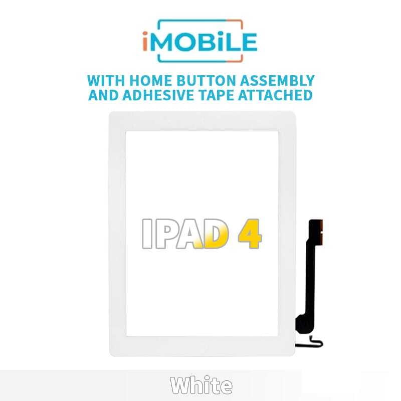 iPad 4 (9.7 Inch) Compatible Digitizer Screen With Home Button Assembly and Adhesive Tape Attached [White] [Include Adhesive]