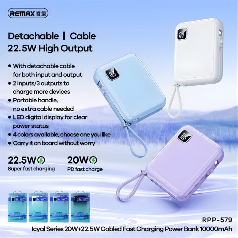 Remax RPP-579 22.5W Power Bank [10K mAh] [1 Port + Lightning & USB-C Cables]