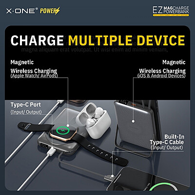 X.One EZ 22.5W 4-in-1 MagSafe Magnetic Wireless Charging Power Bank [10k mAh] [1 Ports + Wireless MagSafe + Apple Watch Charger + Type-C Cable]