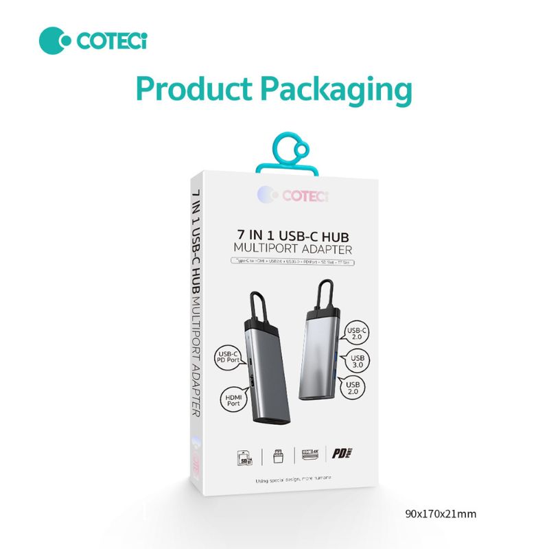 COTECi 16011 USB-C Seven-in-One USB HUB [USB-C to 7 Ports, SD/USB-A/USB-C/HDMI]