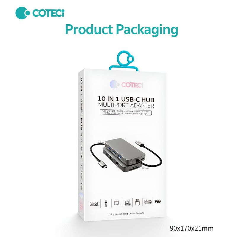 COTECi 16012 USB-C Ten-in-One USB HUB [USB-C to 10 Ports, SD/USB-A/USB-C/HDMI]