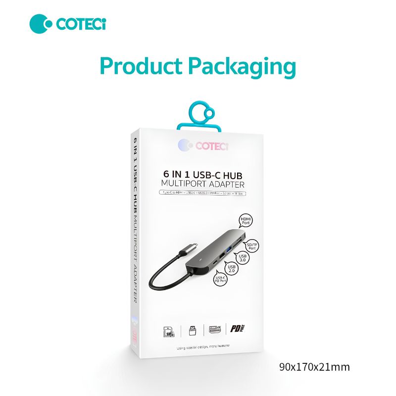 COTECi 16010 USB-C Six-in-One USB HUB [USB-C to 6 Ports, SD/USB-A/USB-C/HDMI]