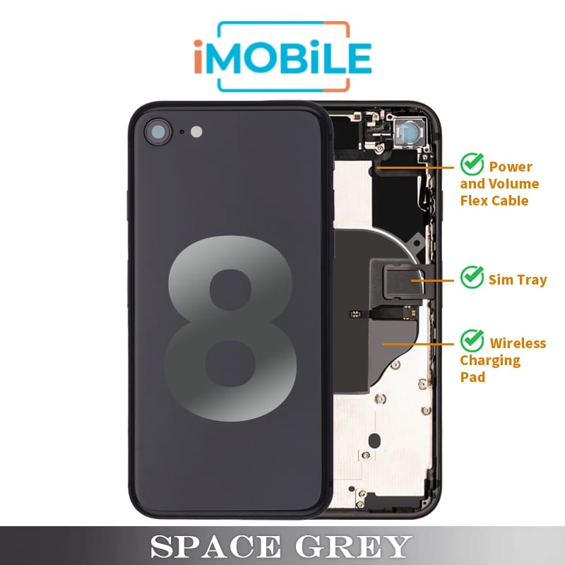 iPhone 8 Compatible Back Housing [with Power and Volume Flex] [A+] [Space Grey]