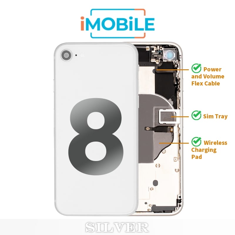 iPhone 8 Compatible Back Housing [with Power and Volume Flex] [A+] [Silver]