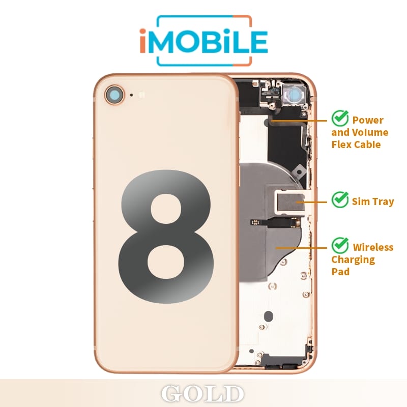 iPhone 8 Compatible Back Housing [with Power and Volume Flex] [A+] [Gold]