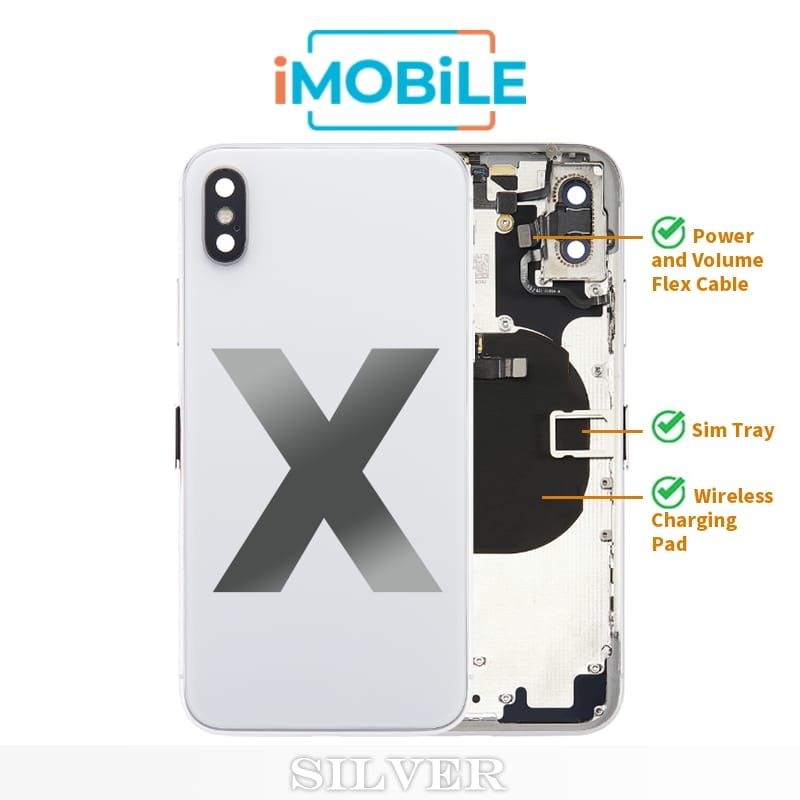 iPhone X Compatible Back Housing [with Power and Volume Flex] [A+] [Silver]