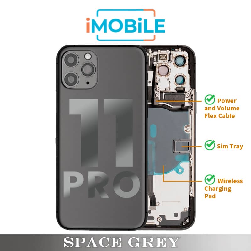 iPhone 11 Pro Compatible Back Housing [with Power and Volume Flex] [A+] [Space Grey]