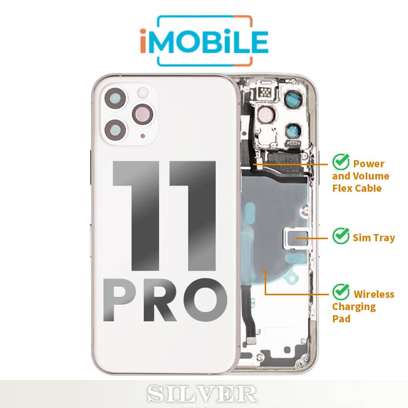 iPhone 11 Pro Compatible Back Housing [with Power and Volume Flex] [A+] [Silver]
