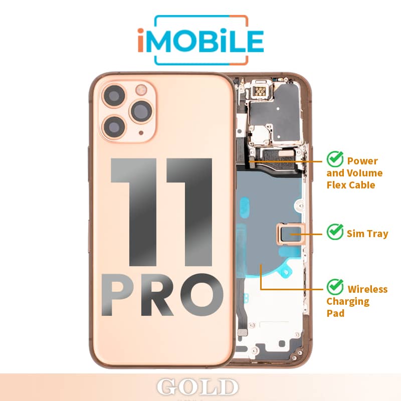 iPhone 11 Pro Compatible Back Housing [with Power and Volume Flex] [A+] [Gold]