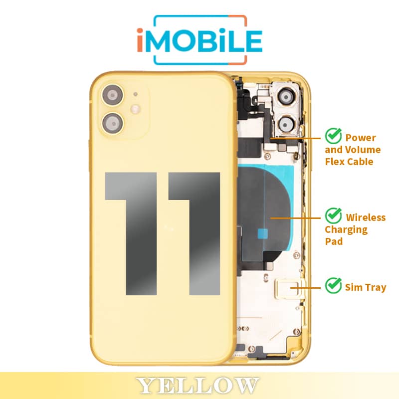 iPhone 11 Compatible Back Housing [with Power and Volume Flex] [Yellow]