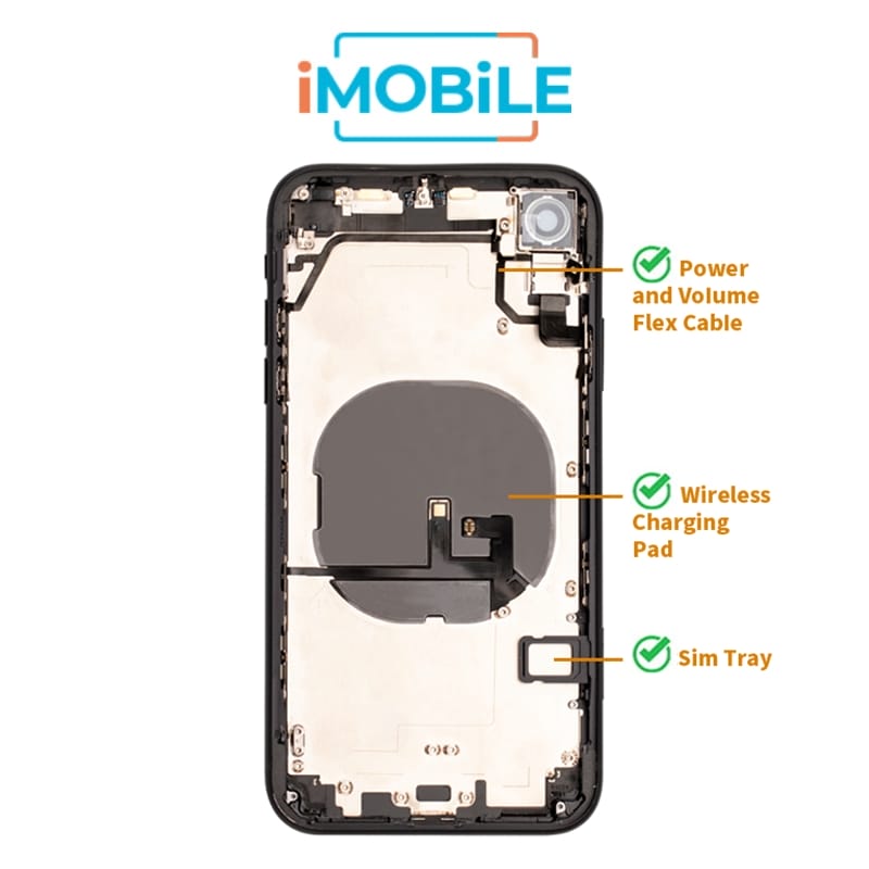 iPhone XR Compatible Back Housing [with Power and Volume Flex] [A+] [Black]