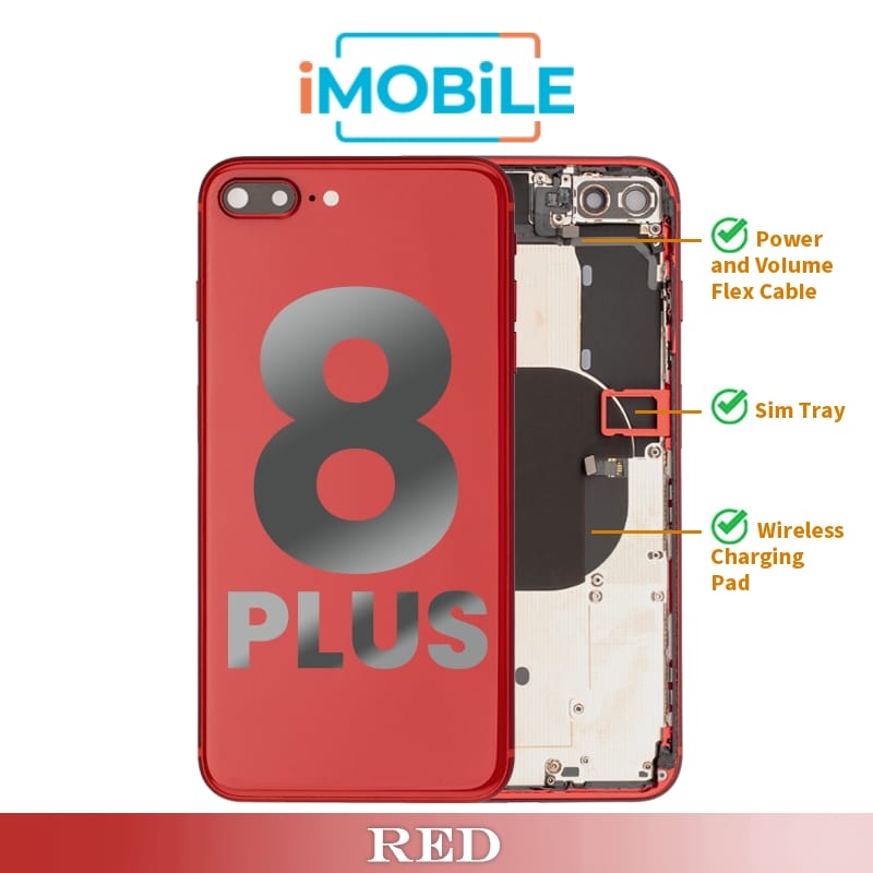 iPhone 8 Plus Compatible Back Housing [with Power and Volume Flex] [A+] [Red]