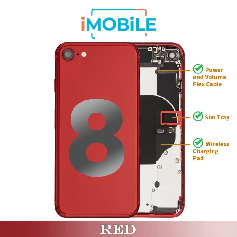 iPhone 8 Compatible Back Housing [with Power and Volume Flex] [A+] [Red]