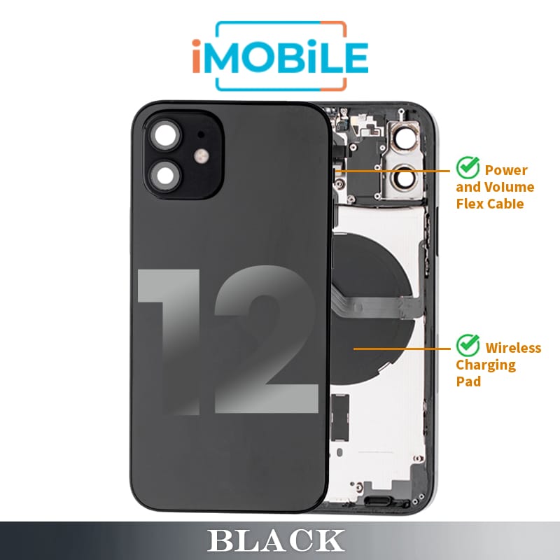 iPhone 12 Compatible Back Housing [with Power and Volume Flex] [A+] [Black]
