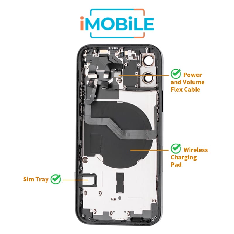 iPhone 12 Compatible Back Housing [with Power and Volume Flex] [A+] [Black]