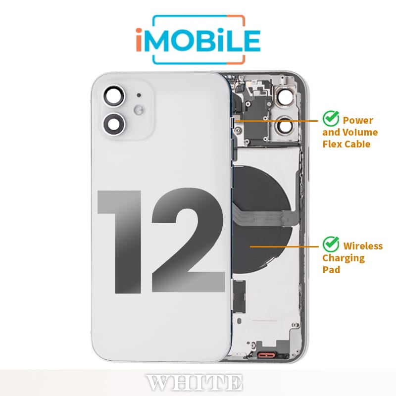 iPhone 12 Compatible Back Housing [with Power and Volume Flex] [A+] [White]