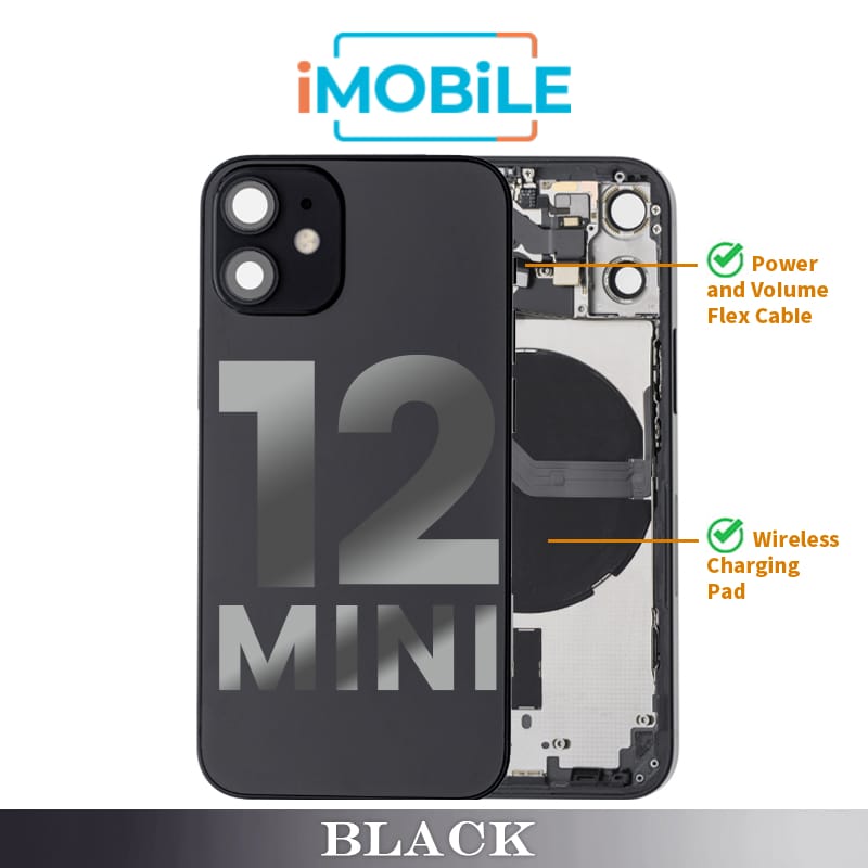 iPhone 12 Mini Compatible Back Housing [with Power and Volume Flex] [A+] [Black]